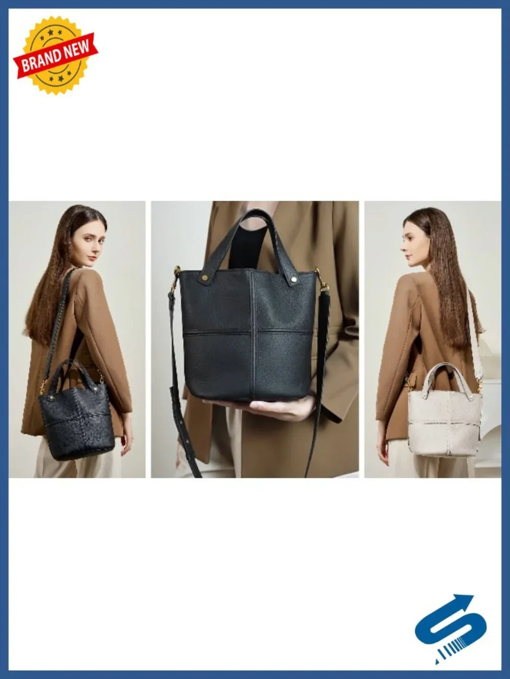 Leather Bucket Crossbody Bag for Women - Adjustable Strap, Top Handle
